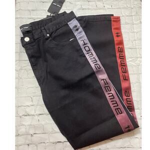 Homme + Femme Mens Jeans SZ 38 Black LA Streetwear Slim Fit Stretch Logo Stripes